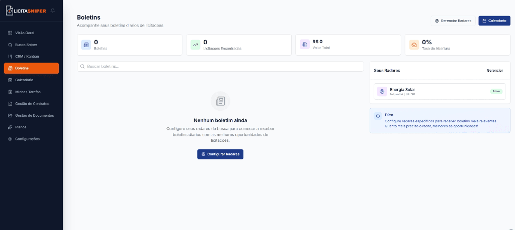 Dashboard LicitaSniper - Organização Diária